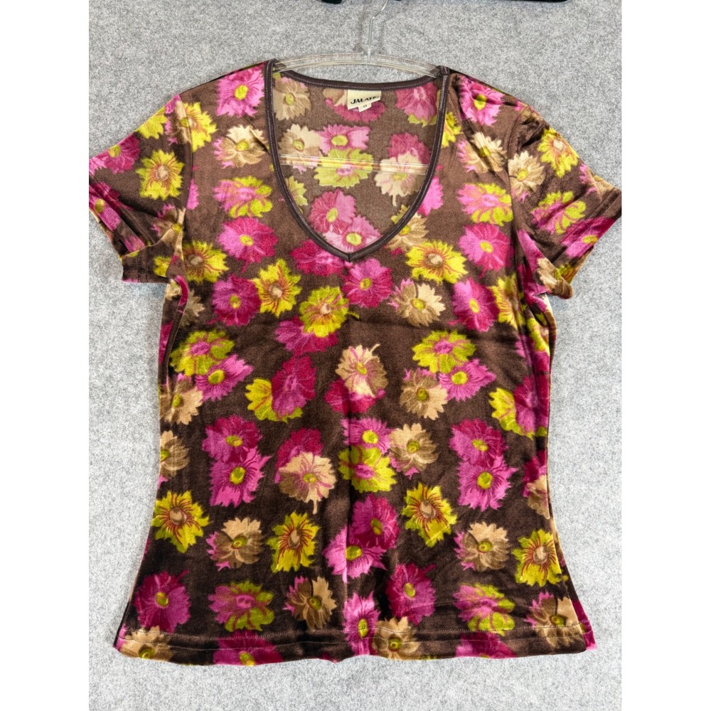 Jalate Floral Velour Top Womens Small Brown Pink Vintage V-Neck Short Sleeve